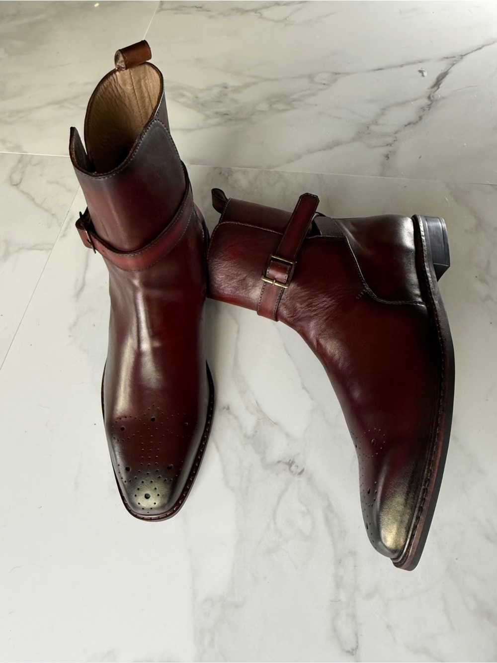 Men's Burgundy Leather Harness Boots with Perforated Toe
